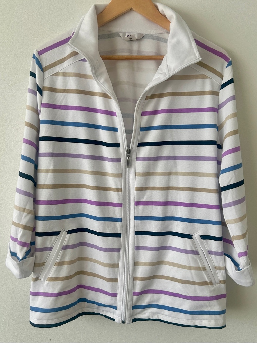 ALIA Comfy Full-Zip Striped Sweater Jacket With Pockets • Size Large • Like New